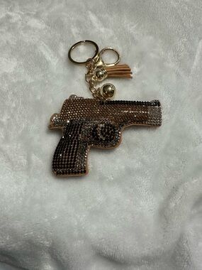 Rhinestone Gun-Shaped Keychain with Tassel - Brown